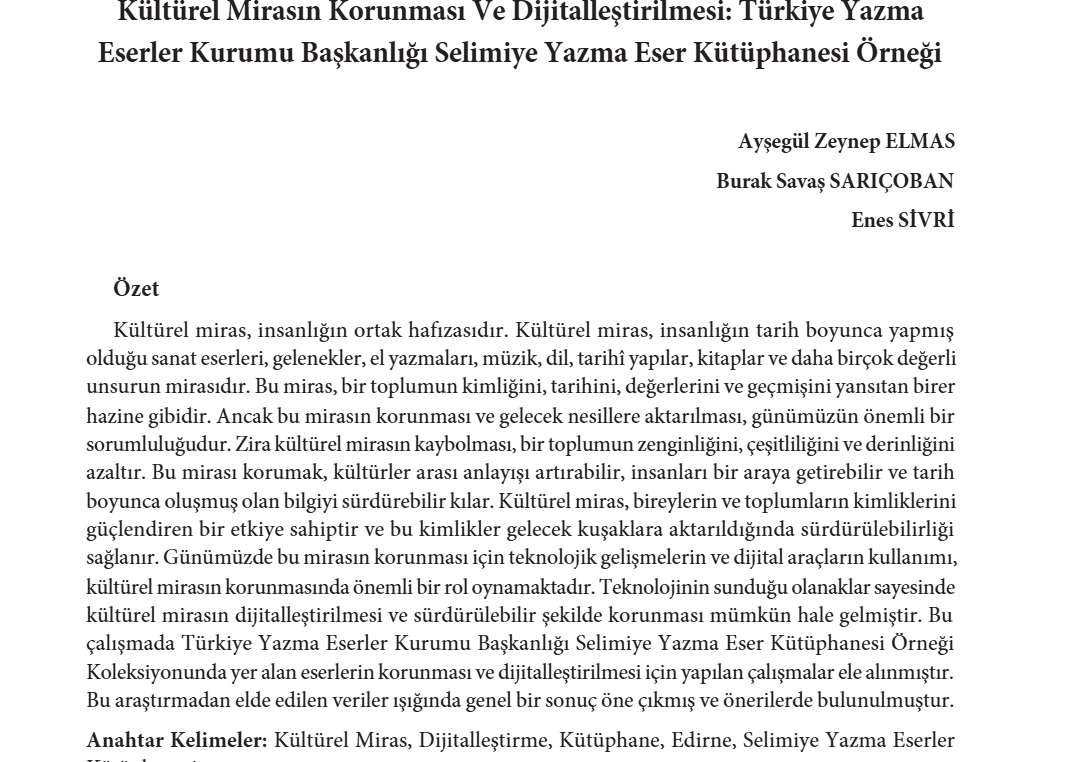 Kültürel Mirasın Korunması ve Dijitalleştirilmesi: Türkiye Yazma Eserler Kurumu Başkanlığı Selimiye Yazma Eser Kütüphanesi Örneği