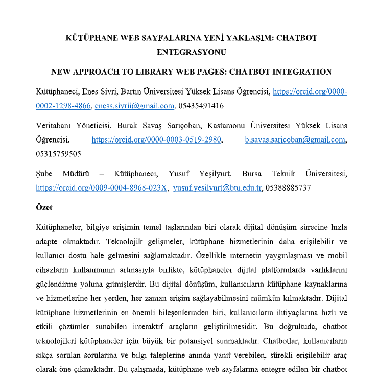 Kütüphane Web Sayfalarına Yeni Yaklaşım: Chatbot Entegrasyonu
