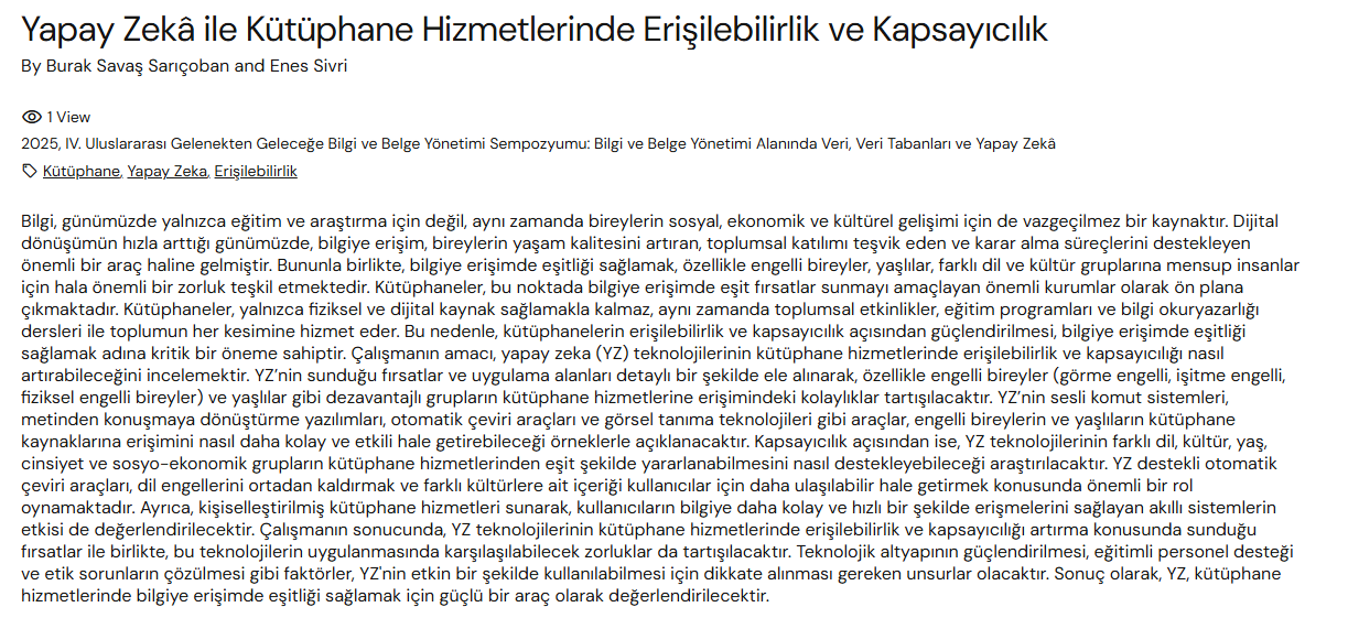 Yapay Zekâ ile Kütüphane Hizmetlerinde Erişilebilirlik ve Kapsayıcılık